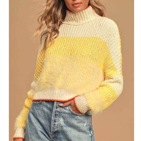Bucket List Free People Sunbrite Yellow Multi Chunky Knit Turtleneck Sweater - Picture 3 of 12